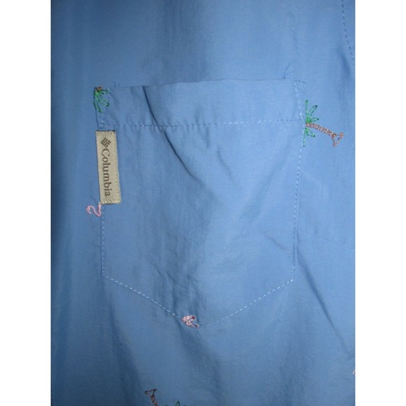 Columbia Shirt Short Sleeve Pink Flamingo Palm Trees Print Blue Color Size S - Picture 6 of 7